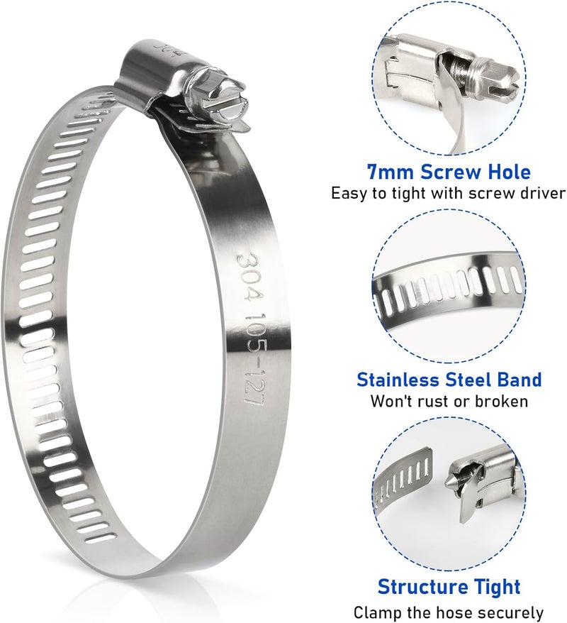 Gudui Hose Clamp 5 Inch, 10 Pack Stainless Steel Hose Clamps for 4 to 5 Inch Hose Pipe, Large Adjustable Worm Gear Duct Clamps Assortment Kit for Automotive, Dryer Vent, Plumbing, Mechanical - Image 3